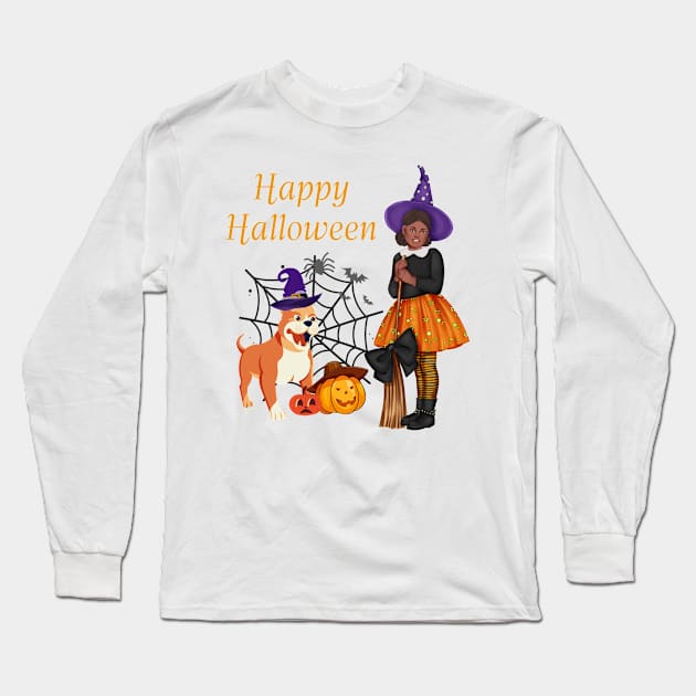 Halloween witch with her cute bulldog Long Sleeve T-Shirt by AJ techDesigns